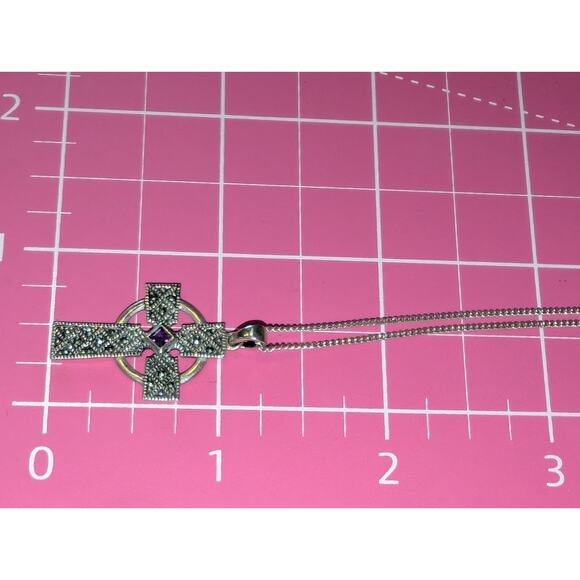 925 Sterling Silver Marcasite Amethyst Celtic Cross Pendant Chain 18" Necklace - Picture 6 of 8